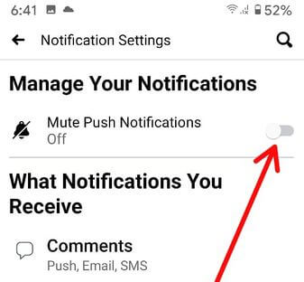 Facebook 앱 Android 기기에서 푸시 알림 음소거