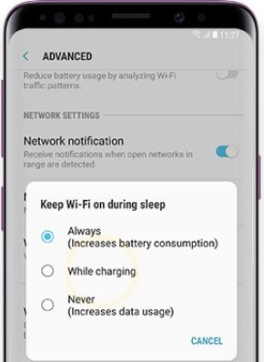 수면 중 WiFi 유지 설정 방법 Samsung Galaxy S9 및 S9 Plus